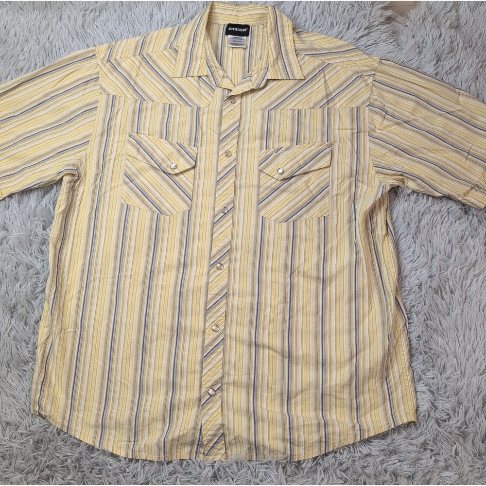 Joe Boxer Shirt Mens L Yellow Pearl Snap Up Pockets Western Rancher Striped
